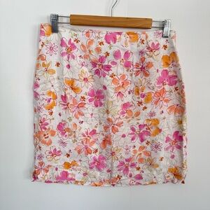 Ann Taylor Linen Floral White Pink Orange Straight Pencil Skirt Women’s 10